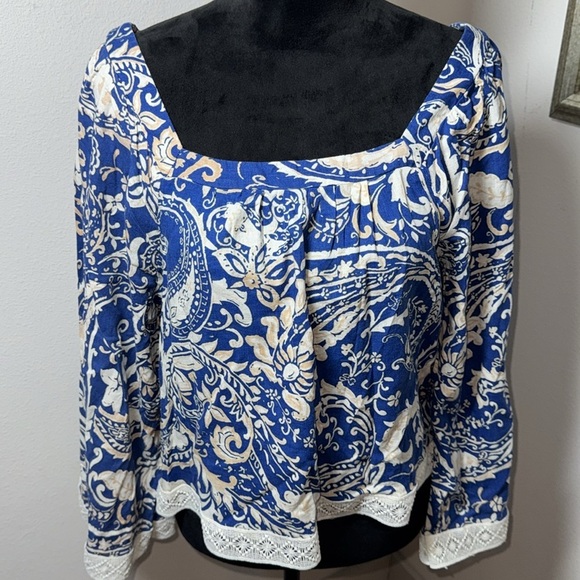 Nicole Miller New York Boho linen top bell sleeves square collar blouse Sz M - Picture 2 of 8